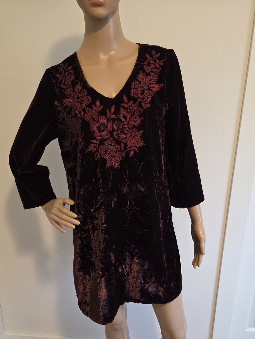 April Cornell Dark Purple Velvet  Embroidered Tunic Top